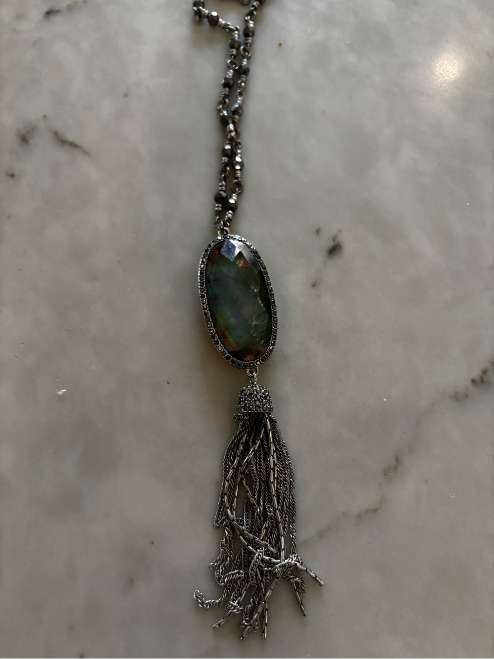 Long Silver Pendant Necklace with Green Stone and Tassel - Picture 2 of 7